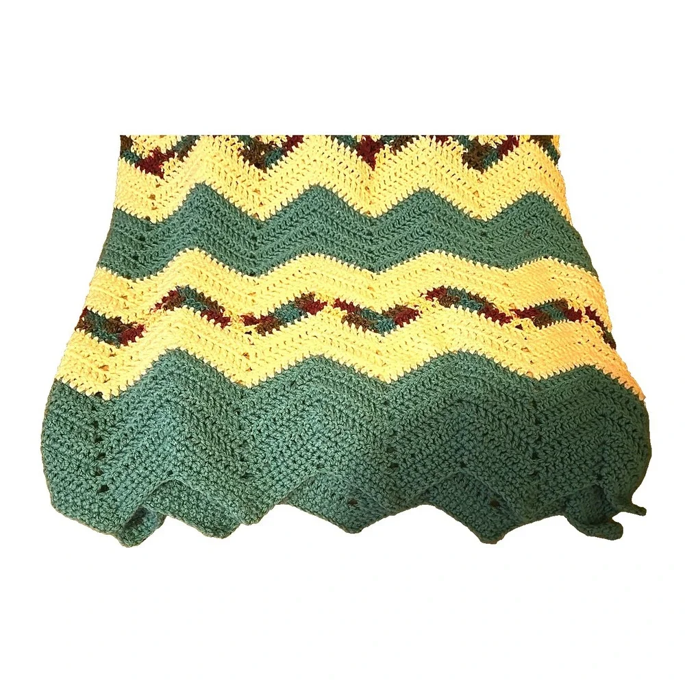 VTG 70s Crochet Afghan Blanket Turquoise White Burgundy Chevron Boho MCM 67x57